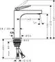 Waschtischmischer von AXOR mit einem Hebelgriff und einer Zugstangen-Ablaufgarnitur, shown in technischer Zeichnung, mit Maßangaben und Anschlussdetails.